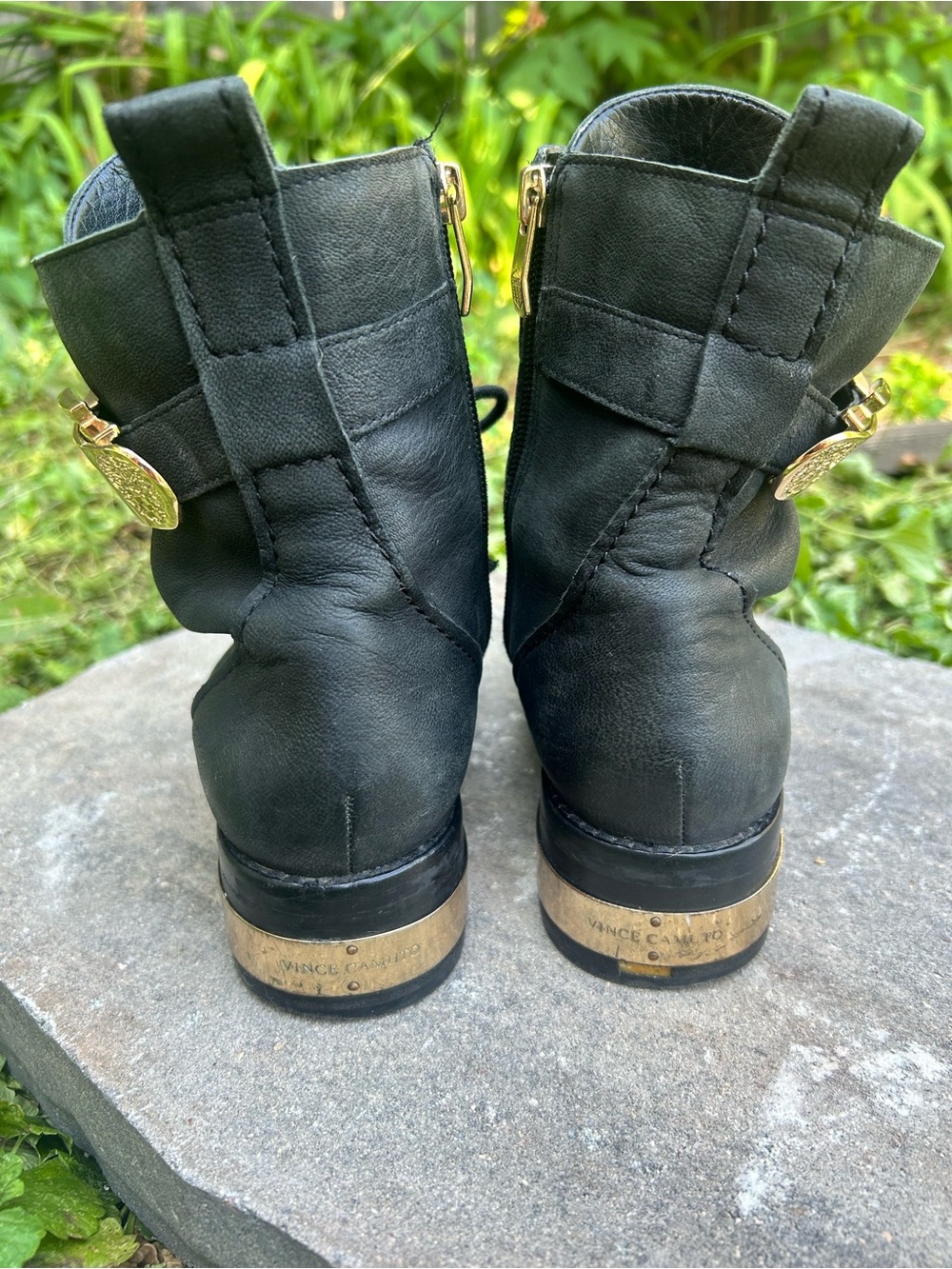 Vince Camuto Black Leather Ankle Booties with Gold Accents